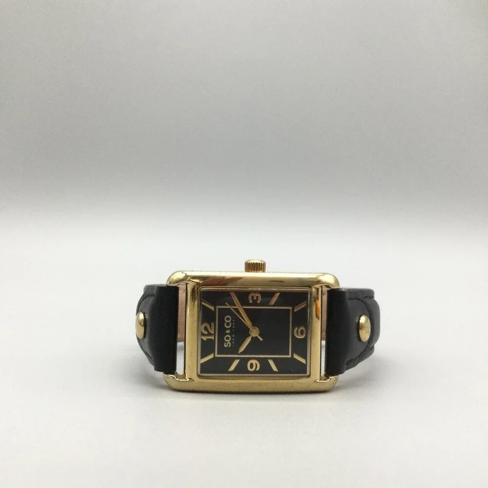 SO&CO New York Womens Watch 25mm Black Dial Gold Tone Leather Strap New Battery